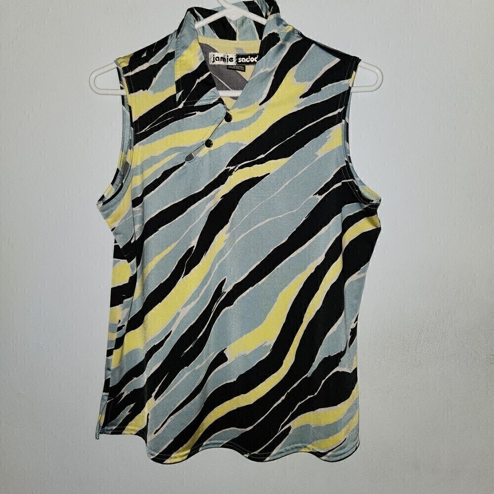 Jamie Sadock Sz M Sleeveless Golf Top Yellow Blue Black Asymmetrical Collar